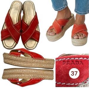 Prada Women's Suede Cross Strap Espadrille Platform Slide Sandals Red Size 37